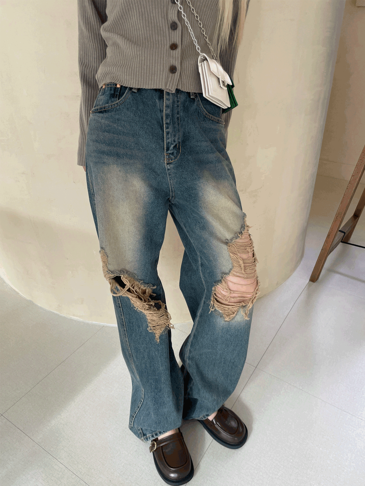 Damage beige denim pants (바로배송)